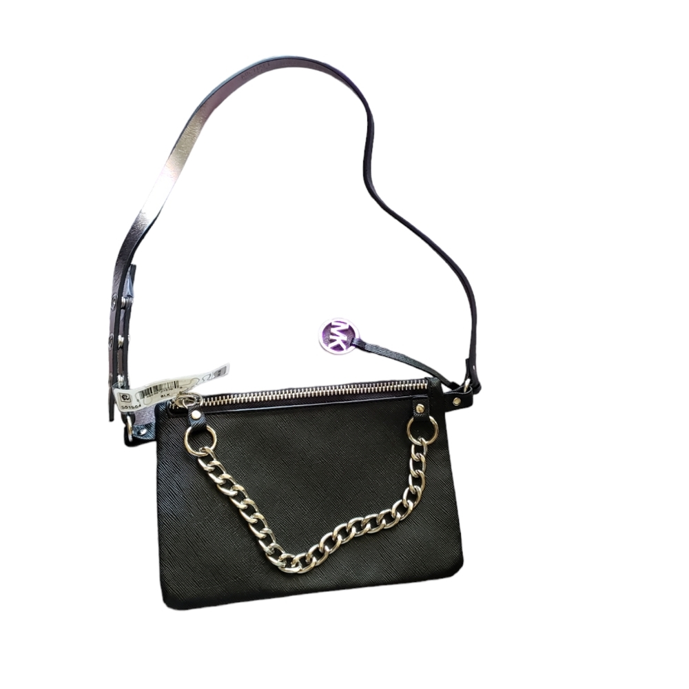 Michael Kors Pull Chain Fanny Pack Plain Black with silver Chain, 551564 size M